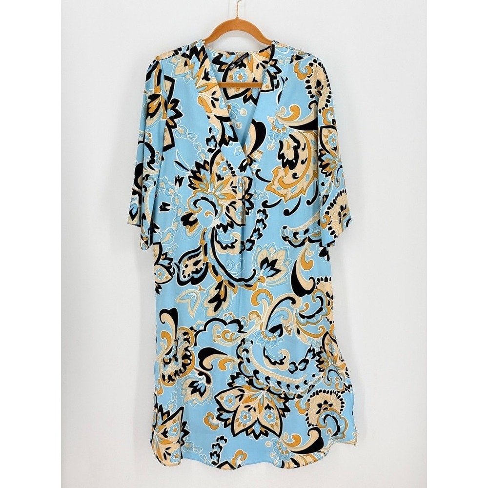 Zara Women Paisley Floral V-Neck Kimono Dress Size S Boho Retro Mod Grannychic